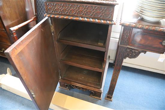 A late Victorian Chippendale style mahogany serving table, table W.4ft 6in. D.2ft 2in. H.3ft; cupboards W.1ft 9in. D.2ft 2in. H.6ft